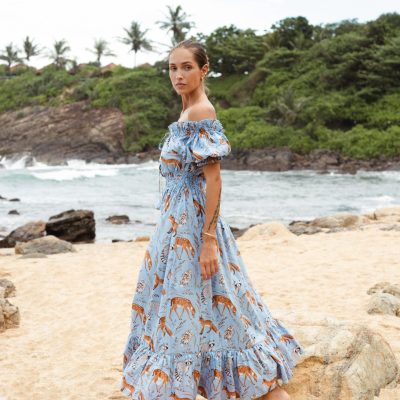 Blue Off-The-Shoulder Animal Print Maxi Dress
