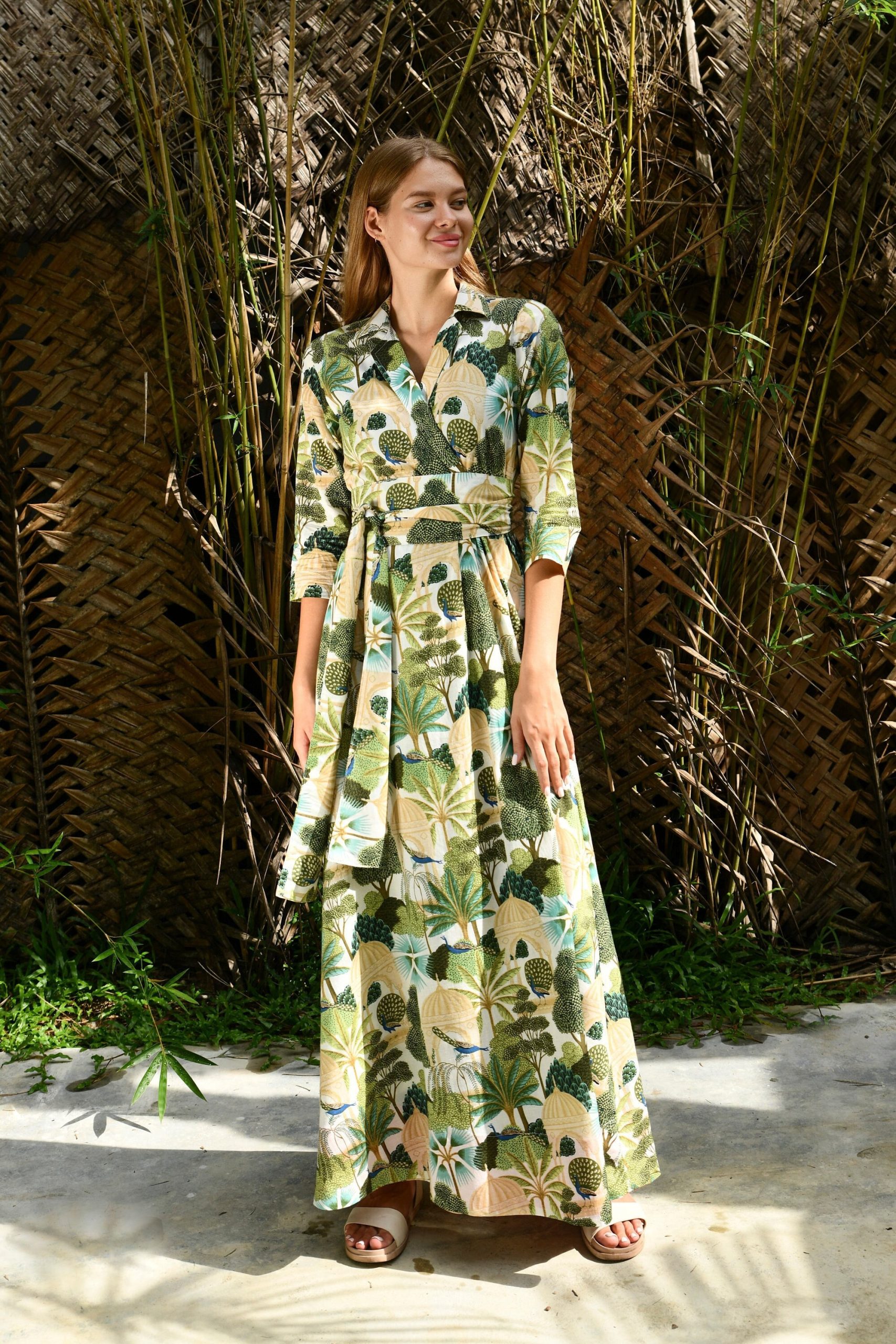 Green Printed Wrap Maxi Dress
