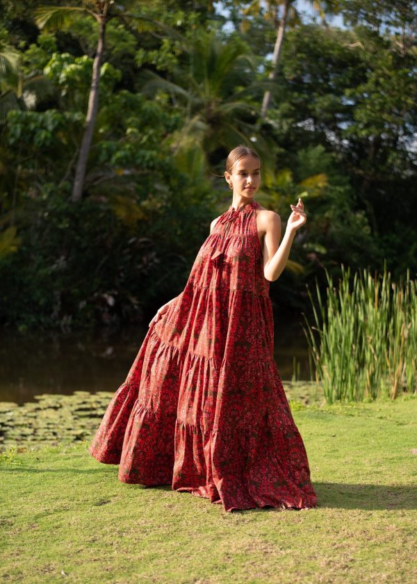 Women's Red Layered Floral Maxi Dress - Image 3