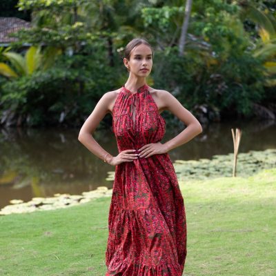 Women’s Red Layered Floral Maxi Dress