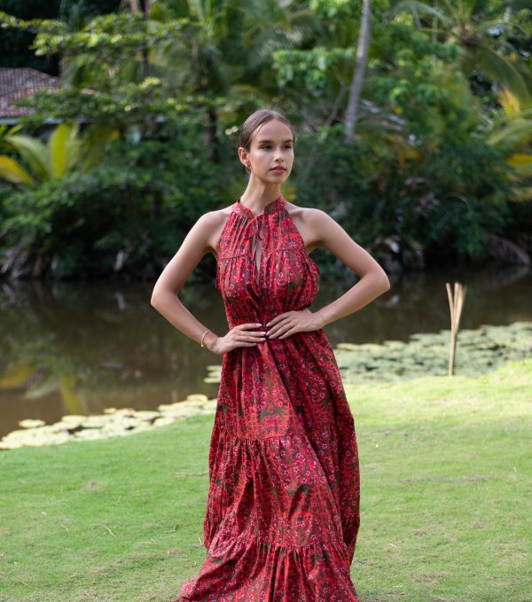 Women's Red Layered Floral Maxi Dress