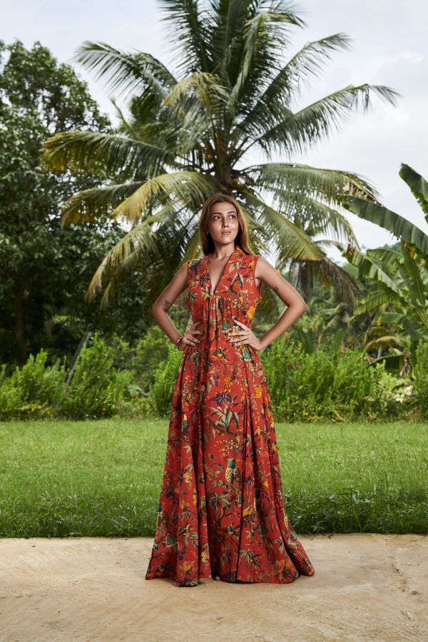 Red V-neck maxi dress