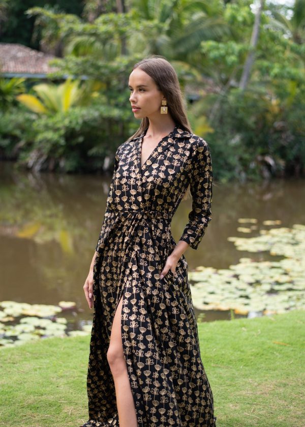 Gold and Black Wrap Maxi Dress
