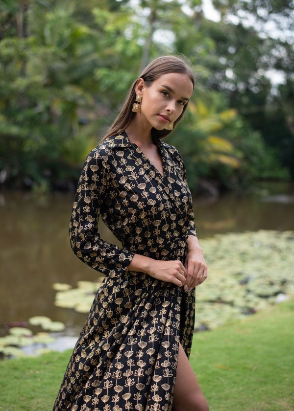 Gold and Black Wrap Maxi Dress - Image 3