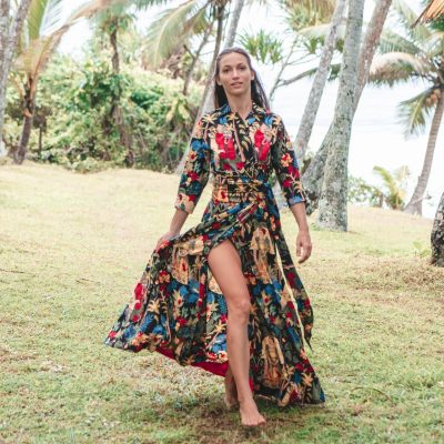 Printed Wrap Dress with Slit Hem