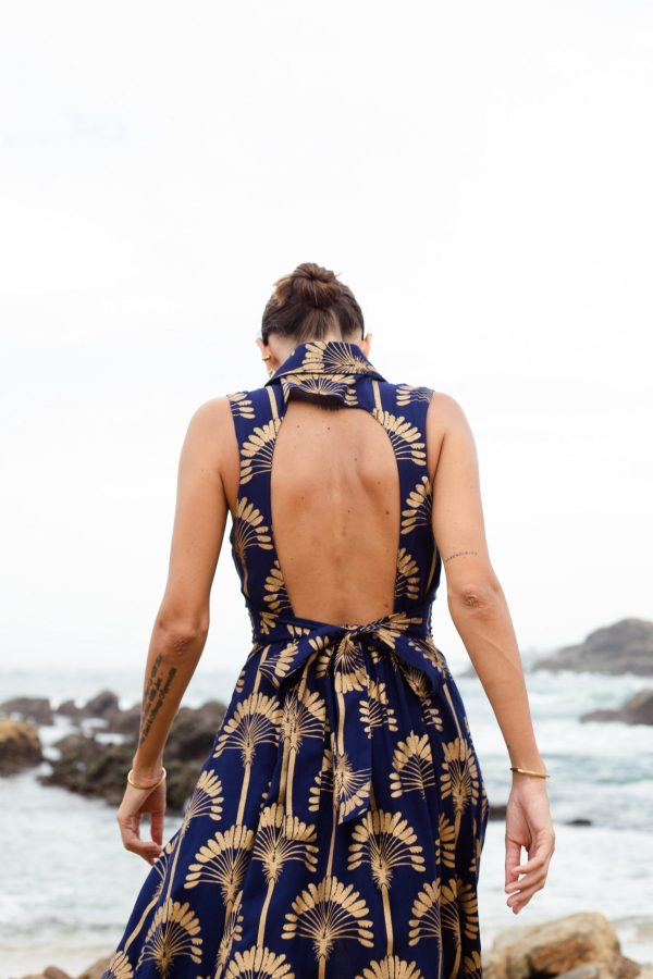 Navy Blue Gold Palm Tree Print Open Back Dress - Image 2