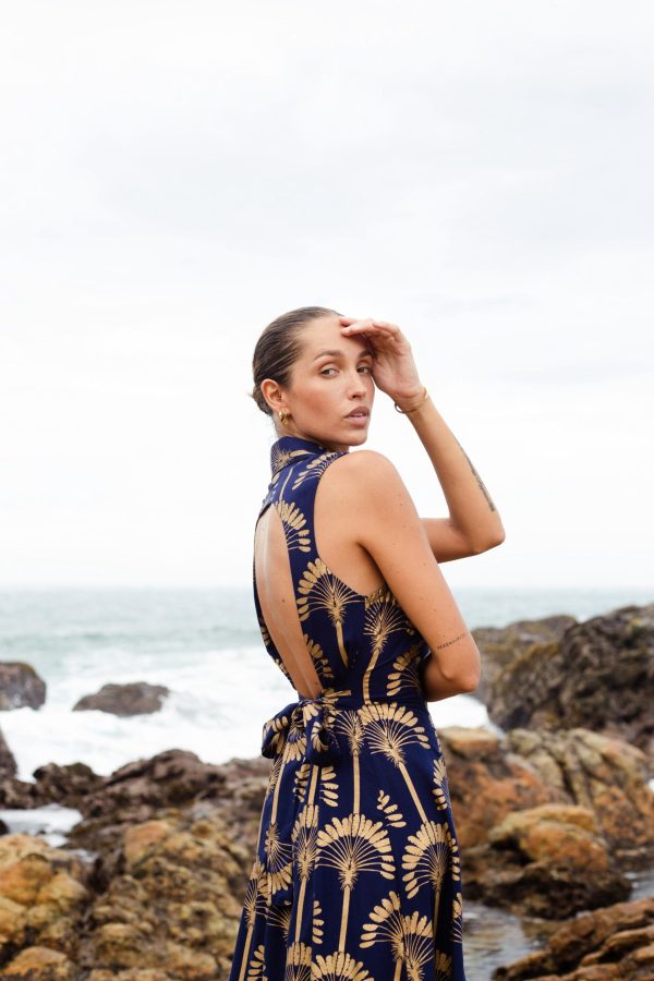 Navy Blue Gold Palm Tree Print Open Back Dress - Image 3
