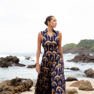 Navy Blue Gold Palm Tree Print Open Back Dress