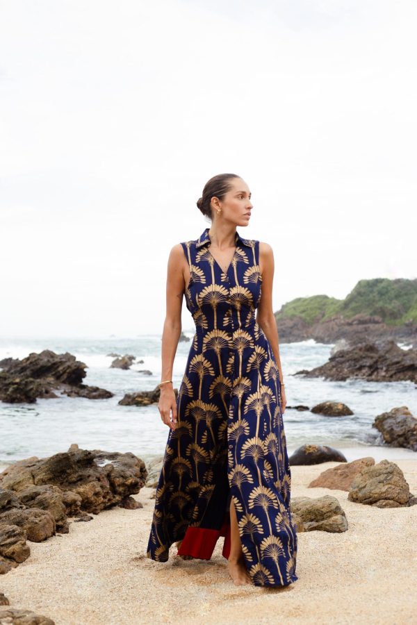 Navy Blue Gold Palm Tree Print Open Back Dress
