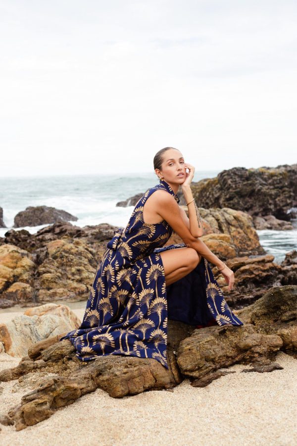 Navy Blue Gold Palm Tree Print Open Back Dress - Image 4