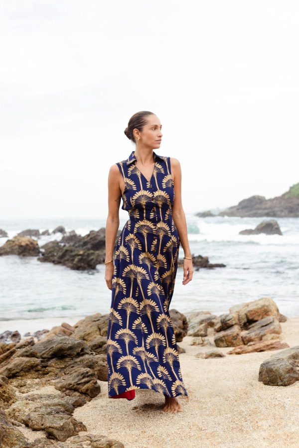 Navy Blue Gold Palm Tree Print Open Back Dress - Image 5