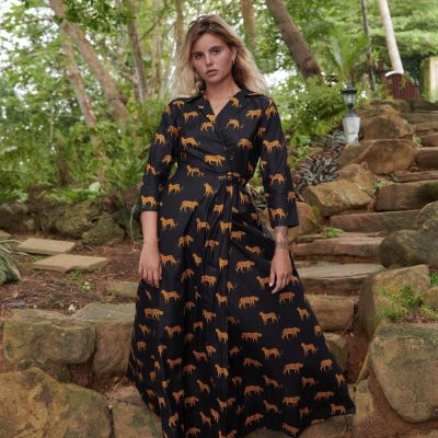 Leopard print black wrap maxi dress