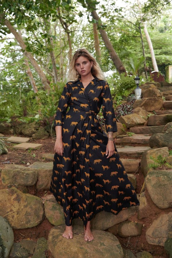 Leopard print black wrap maxi dress