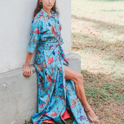 Blue floral wrap dress
