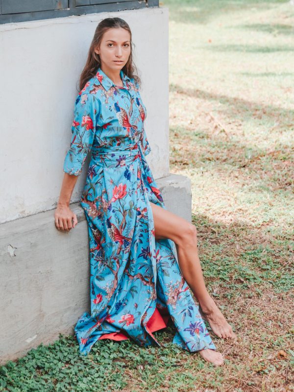 Blue floral wrap dress