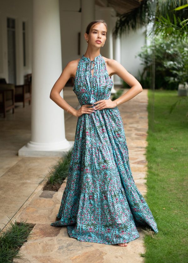 Women's Blue Layered Sleeveless Maxi Dress