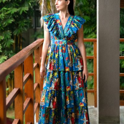 Blue V-neck ruffle dress
