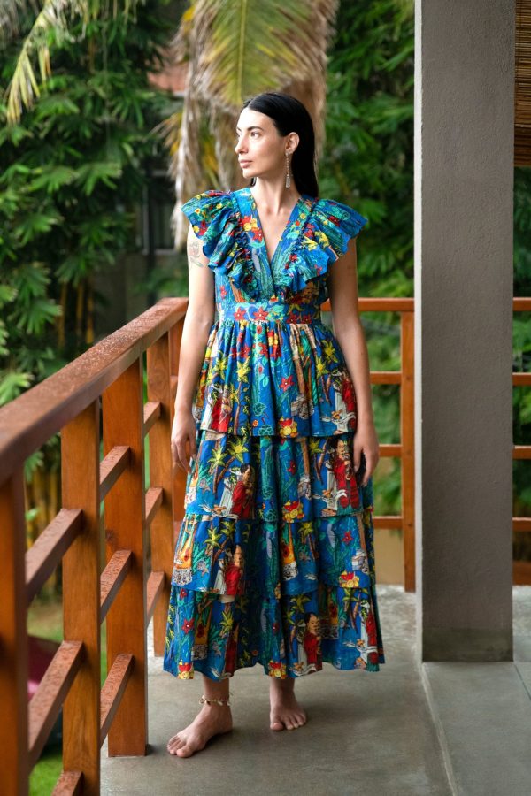 Blue V-neck ruffle dress